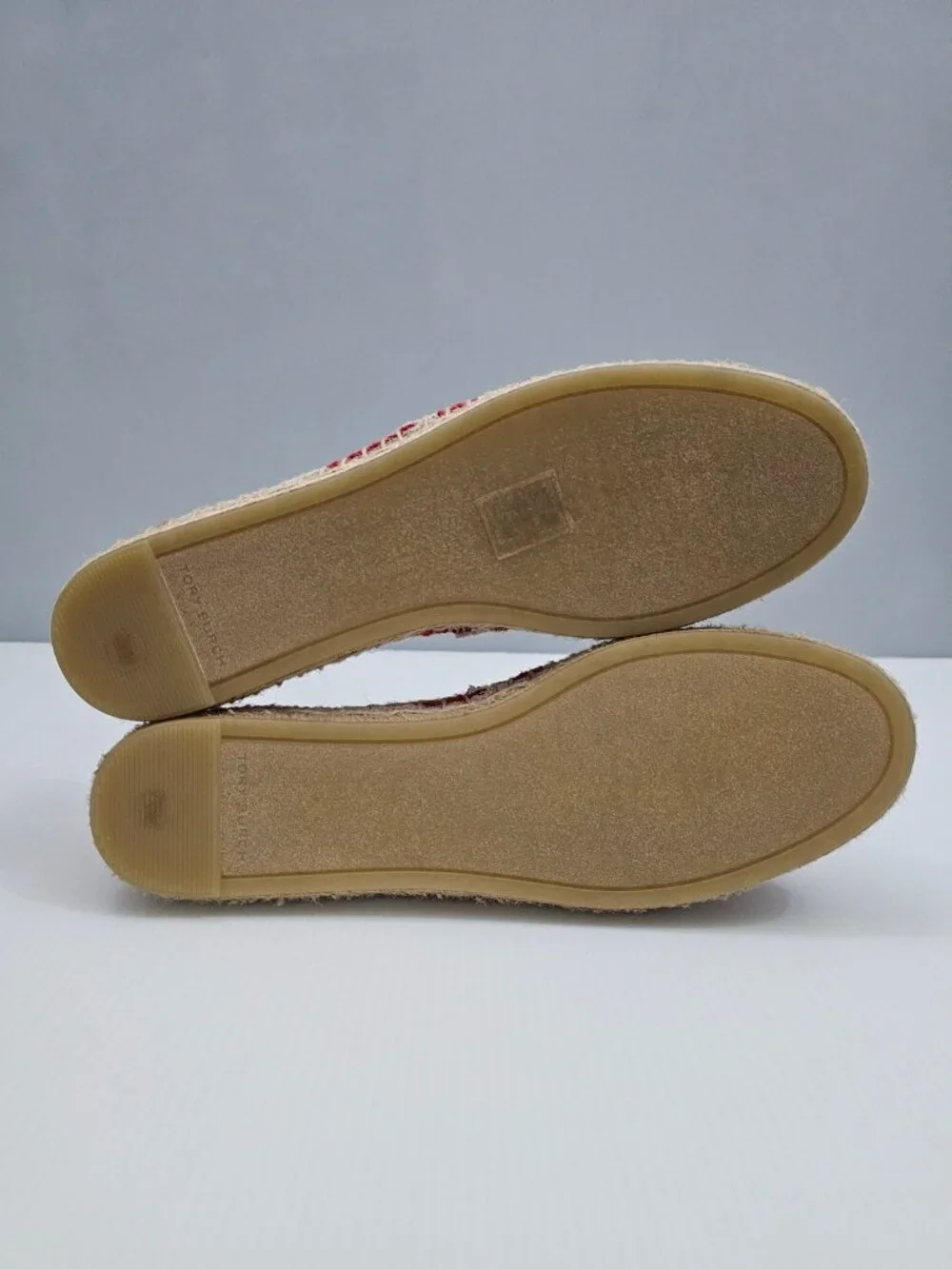 Tory Burch Fray Stripe Espadrille Flats Womens 7.5 Red White Logo Canvas Slip On
